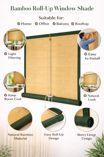 Image of Water Proof Bamboo Curtains for Balcony Roller Rollup Blinds Bamboo Chick Curtain, Rain, Sunlight Solution, Cold Air Protection, Window,Door (Color-Military Green,4ft x 8ft (W x H)
