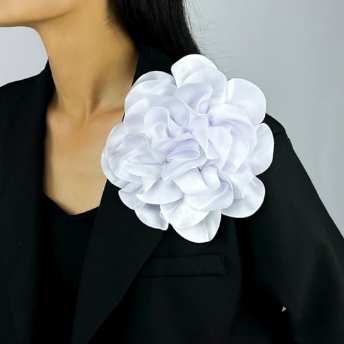 Image of GIGB PBDK Large Fabric Rose Flower Brooch Lapel Pins for Women Bride 7.5in Big Satin Camellia Flower Brooches Pin Dress Suit Ceremony Accessories Wedding Prom Jewelry Gifts (White)