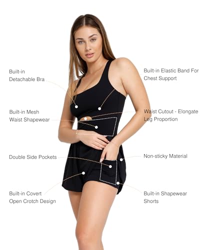Popilush Shapewear Jumpsuit Workout Romper Tennis Dress Look Athletic Rompers For Women Waist Cutout Design2
