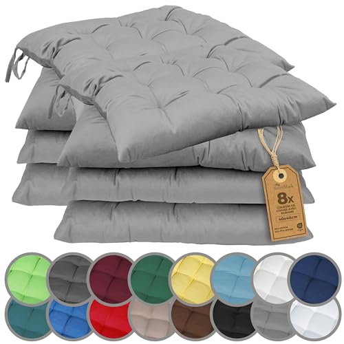 NatureMark Lot de 8 Galettes de Chaises avec Rubans 40x40 cm – Coussin de Chaise Épais pour Intérieur & Jardin – Couleur Gris argenté