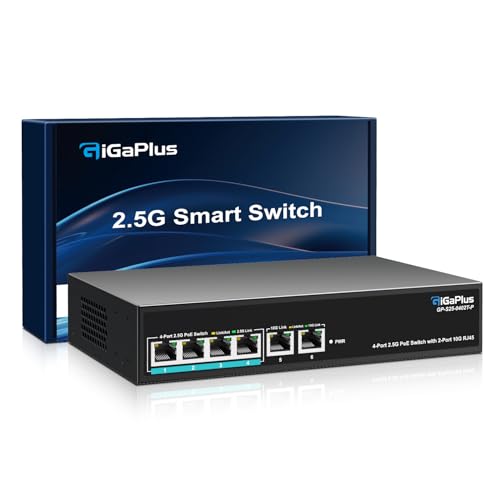 6 Ports 10Gb Unmanaged PoE Ethernet Switch with 4*2.5G Base T PoE Ports, 2*10G RJ45 Ports. 60Gbps Switching Capacity, GiGaPlus 10Gbps Network Switch for 2.5G/10Gbps NAS/PC, WiFi6 Router, Wireless Ap
