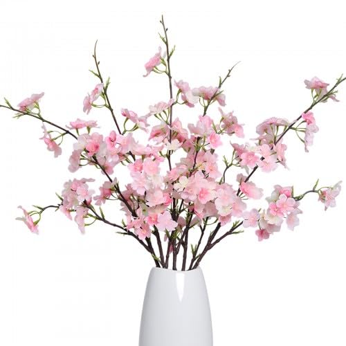 造花 4本束 桜の花 桜の枝 人工桜 さくら シルク 枯れない フェイク フラワー 花瓶 ホーム ウェディング オフィス デコレーション ピンク 飾り 贈り物 装飾用造花、人工桜、ホームガーデンウェディングパーティー装飾用フェイクブーケ植物、花の造花アレンジメント (ダークピンク)