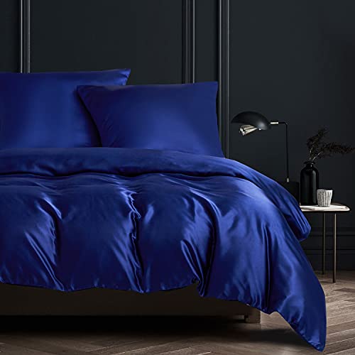 Juego de Funda Nordica Saten Cama 135/150 Azul Oscuro Sábanas de Seda Satinada de Brillo Lustroso Juego de Funda de Edredón 240x220 y Fundas Almohada (50x75cm)