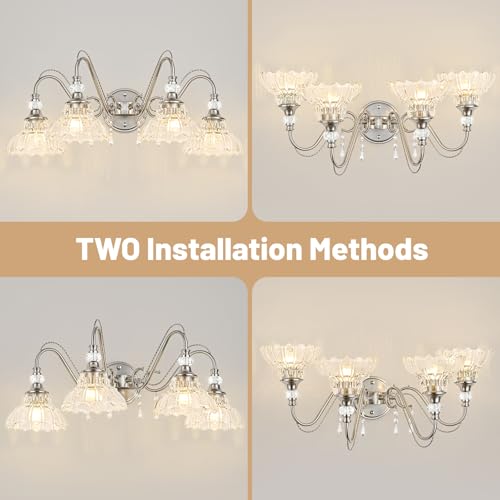Image of Brushed Nickel Bathroom Vanity Light, 4-Light Nickel Finish Wall Sconce with Hanging Crystal Accents and Flower-Shaped Clear Glass Shades, Modern Wall Mount Vanity Light Over Mirror for Bathroom
