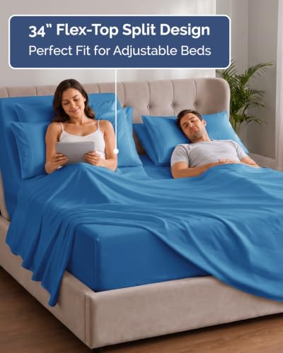 Image of Extra Deep Flex Top Split Head King Sheet Set - 6 Piece Breathable and Cooling Sheets - Hotel Luxury Bedding for Women, Men, Kids & Teens - Easy Secure Fit - Extra Deep Pockets - Denim Blue