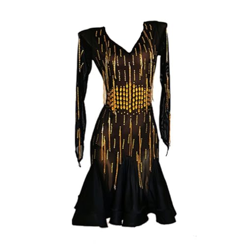 Latin Dance Competition Dresses for Women Mesh Ballroom Dance Costume Applique Cha Cha Dance Dress,Black + Gold,XL