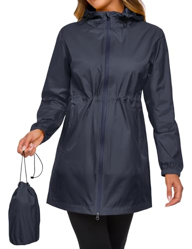 Vancavoo Chubasquero Mujer Impermeable Plegable Raincoat con Capucha Abrigo Impermeables Ligero Softshelljakce Cremallera Primavera Otoño Rain Coat,Azul marino,XL