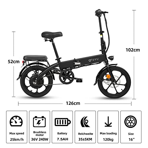 DYU Electric Bike for Adults Teens,16" Folding Electric Bicycle,Commuter City E-Bike with 250W Motor and 36V 7.5Ah Battery,Height Adjustable, Battery Indicator,Compact Portable,Unisex Aldult - Image 4