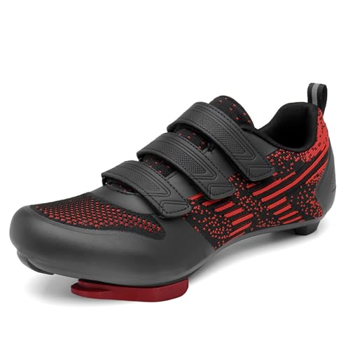 Cycling Shoes Mens Road SPD-SL Compatible SPD Cleats Peloton Bike Indoor Outdoor Road Bike Riding Shoes Men's & Women's Black (Red-SPD,10.5)