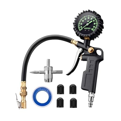 AstroAI Tire Pressure Gauge with Inflator, 100 PSI-ANSI B40.1 Accurate, Large 2.5" Easy Read Glow Dial, Heavy Duty Air Chuck and Compressor Accessories with Rubber Hose and Quick Connect Cou