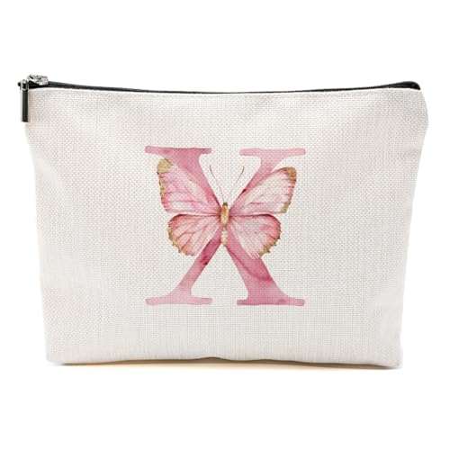 Initial Makeup Bag Pink Butterfly X Personalized Cosmetic Bag Birthday Gift