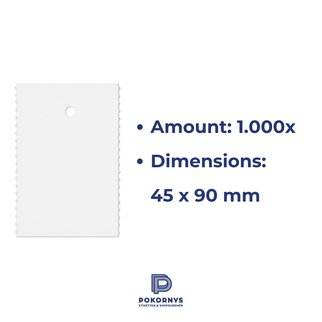 Pokornys POKORNYS etichette in cartone bianche con foro (30 x 50 mm) bianche I etichette perforate per scrivere su un rotolo I cartellini dei prezzi con (1000 pezzo, 45 x 90 mm)