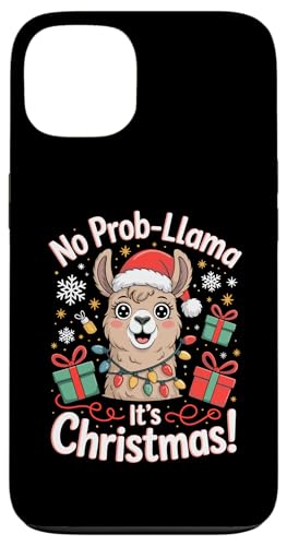 No Prob ラマ おもしろい アルパカ クリスマス ラマ クリスマスライト スマホケース iPhone 13 用