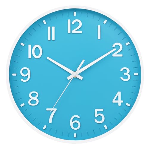 Image of HZDHCLH Wall Clocks Battery Operated,Wall Clock Blue and White 8 inch Wall Clock Silent Non Ticking Modern 3D Numbers for Office Kitchen Classroom Bedroom Living Room Decor