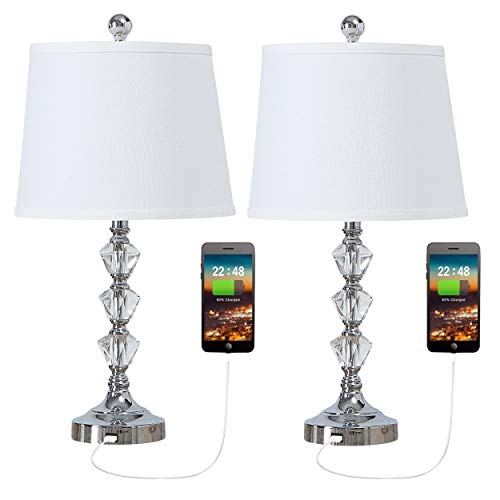 Falflor Set of 2 Crystal Table Lamp with 2 USB Charge Ports Nightstand Lamp Bedside Table Lamp for Nightstand Guest Living Room (White)