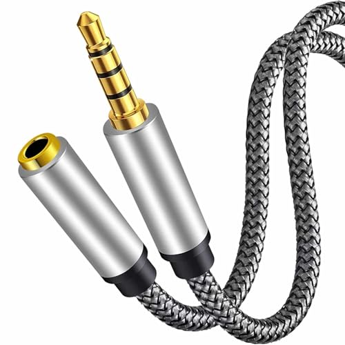 Cable alargador Jack 3.5 mm con microfono 4 Pines, Cable Extensor Auriculares 3.5mm, Macho a Hembra, Compatible con Compatible con PS5 / PS4, Cascos, Altavoz, PC, Móvil, Nylon, 1 Metros