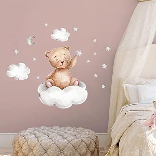 2 PCS Decorative Wall Stickers, Bears Clouds Moon and Stars Wall Stickers, Cartoon Cute Bears Wall Decals Window Stickers for Kids Baby Room Bedroom Nursery Playroom Home Decor ((45x30cm/ 17.7x11.8inch, Bear) 4 41358G1olfL. AC