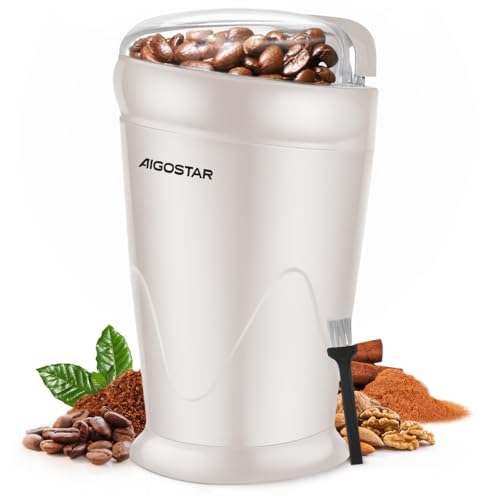 Aigostar Molinillo de Café Eléctrico con Cuchillas Acero Inoxidable, Molinillos de Especias Semillas, Capacidad 60gr con Cepillo para Limpieza, Molinillo Cafe Electrico Portátil, 150 W, Blanco Lechoso