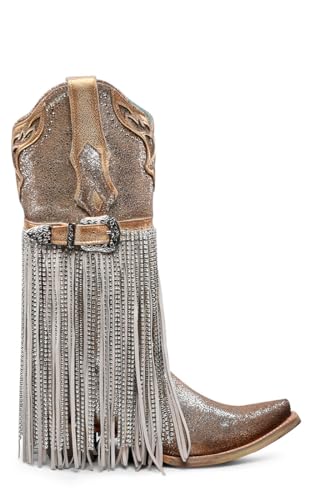Corral Boots Womens Silver-Gold Finish With Crystal Fringe Harness And Studs Snip Toe Casual Boots Mid Calf Mid Heel 2-3" - Gold, Silver2