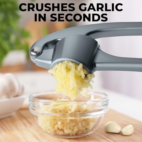 Image of Zulay Kitchen Large Premium Garlic Press Set - Bigger Bowl for Bigger Garlic - Rust Proof Garlic Mincer Tool - Easy-Squeeze, Easy-Clean Silicone Garlic Peeler & Brush (Slate)