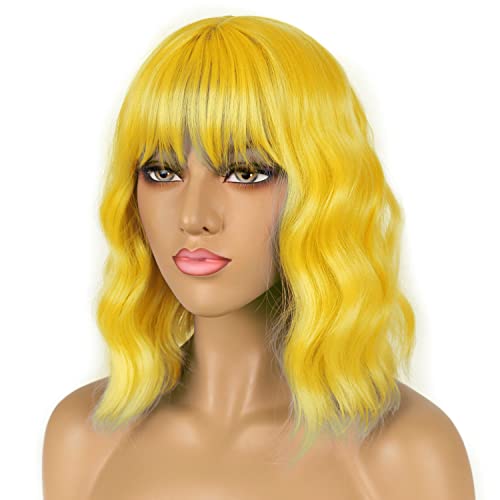 Lanice Yellow Wig Short Bob Wigs With Bangs For Women Loose Wavy Hair Shoulder Length Wigs Synthetic Colorful Wigs For Cosplay Daily Partyuse(Yellow，12Inch) #TOP1