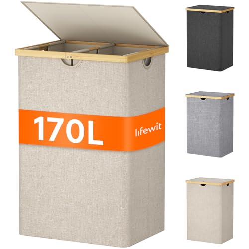 Lifewit 170L Bambus Wäschekorb mit Deckel, Faltbar Wäschesammler 3 Fächer Wäschesortierer mit Abnehmbarem Wäschesack Bambus Griffen Wäschebox Laundry Baskets für Waschküche, Schlafzimmer, Beige