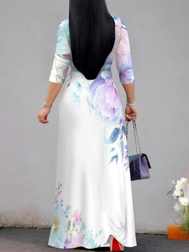 Image of SUZONANA Plus Size Dresses for Women Floral Print Maxi Dress Flowy 3 /4 Sleeve with Belt