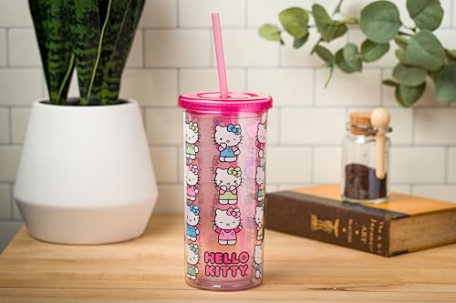 Image of Silver Buffalo Sanrio Hello Kitty Expressions Poses Plastic Cold Cup with Lid and Straw, 20 Ounces