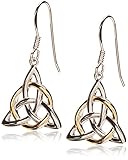 18k Yellow Gold Plated Sterling Silver Two Tone Celtic Triquetra Trinity Knot Triangle Drop Earrings