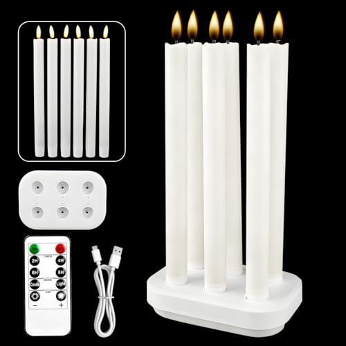 Bougie Rechargeable de Flamme avec Base de charge, Bougies de Couteau réelles LED. Bougie Conique avec Minuterie et Télécommande pour les Décorations de Noël de Mariage de Famille de la (6PC)