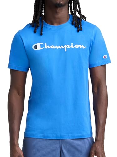 Image of Champion Men's Graphic Short Sleeve T-Shirt, Standard Fit, Classic Script Logo, Midweight 100% Cotton, Nebulas Blue - Classic Script Logo, S