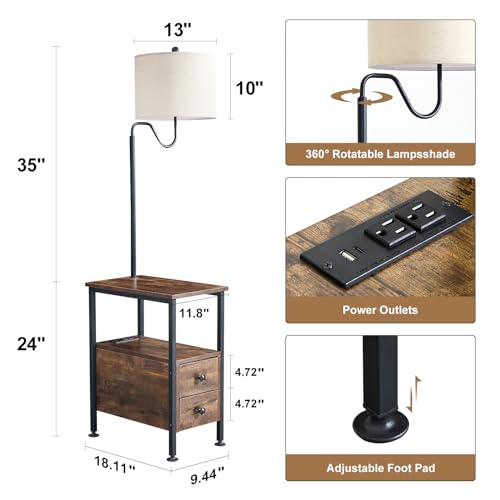 Image of Dungoo Rustic Floor Lamp with Table Storage End Table with Charging Station