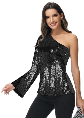 Anna-Kaci Women's Sparkly Sequin Party Tops Long Sleeve One Shoulder Top Blouse Shirts4