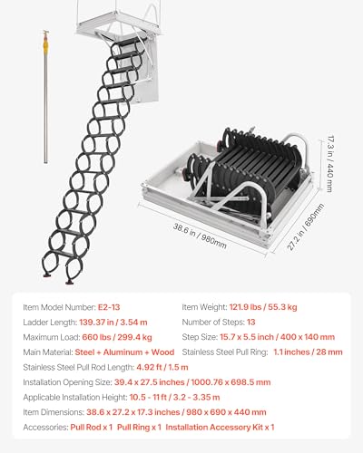 Image of VEVOR Attic Ladder, 660LBS /299.4KG Capacity, Fits 10.5 to 11 ft Ceiling Height and 39.4 x 27.5 inch Opening Size, Alloy Steel Pull-Down Retractable Ceiling Stair with Pulling Rod for Attic Loft Roof