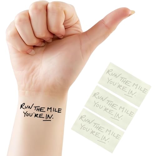 Run The Mile You're In Temporary Tattoos (3 Sheets) – Fine Line Temporary Tattoo Letters – Conscious Ink-Inspired Vegan Design – Safe, Long-Lasting Race Day Motivation (3'x1.5')