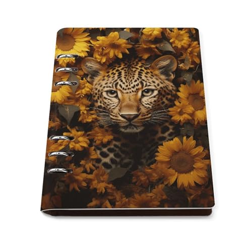 Carnet A5 à anneaux 90 feuilles en cuir PU léopard et tournesol pour vos notes quotidiennes