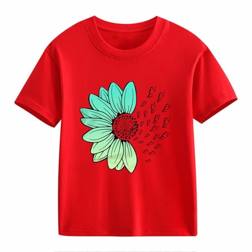Girls Loose Fit Sunflower Graphic T Shirts Short Sleeve Crewneck Cute Pattern Printed Tops Kids (I-Red, 10-11 Years)2