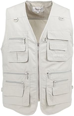 LUSI MADAM Men's Poplin Outdoors Travel Sports Multi-Pockets Work Fishing Vest X-Large Greenish-White