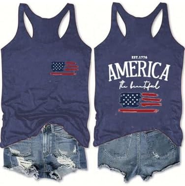 American Flag Outfit Tank Tops Women Patriotic Shirt USA Flag Sleeveless T-Shirt 4th of July Tee Tops(Blue 2-M)