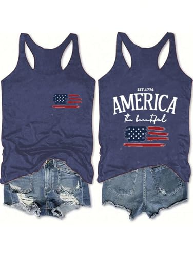 LUBERLIN 4th of July Outfits USA Flag Tank Tops Women 4th of July Patriotic Sleeveless Shirt Summer T-Shirt Vest(Blue 2-S)