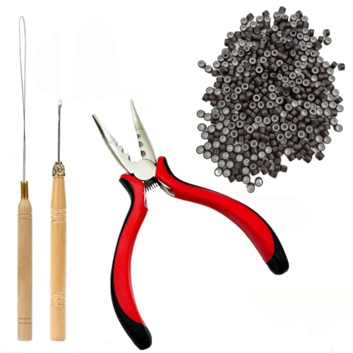 Hair Extensions Tools Kit Professional Hair Styling Tools Accessory 500 Pcs Micro Ring Beads 1 Plier 2 Hook Needle Pulling Loop 2 Plastic Alligator Hair Clips, for Fairy Hair Tinsel