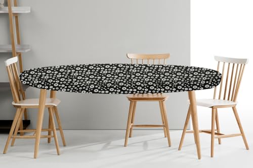 Image of The Furnishing Tree Elastic Oval Dining Table Cover WxL 35x63 in Inches Polyester Floral Pattern White
