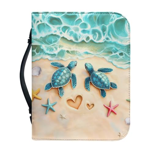 Talayituse Beach Turtle Starfish Heart Print Faux Leather Bible Cover for Men Women Christian Bible Case with Handle Carrying Book Case Protector Bible Tote Handbag Gifts, 2XL