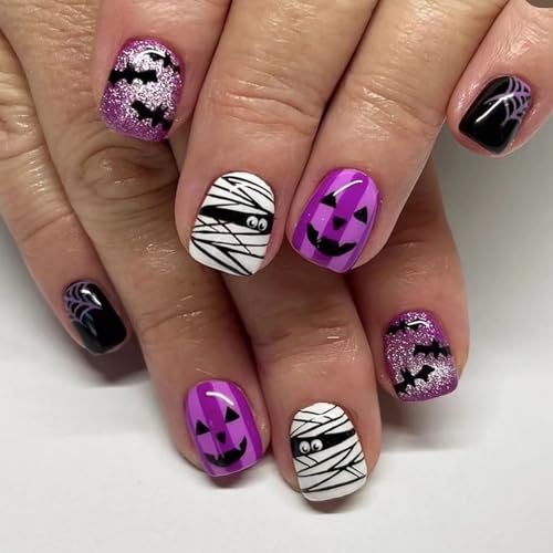 24Pcs Halloween Press On Nails Short Square Fake Nails Acrylic Na...
