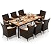 COSTWAY 9 TLG. Rattan Gartenmöbel Set, Sitzgruppe für 8 Personen, Gartentisch mit Tischplatte aus Akazienholz, 8 Stühle & Kissen, Terrassenmöbel Set, Gartengarnitur, Sitzgarnitur, Essgruppe