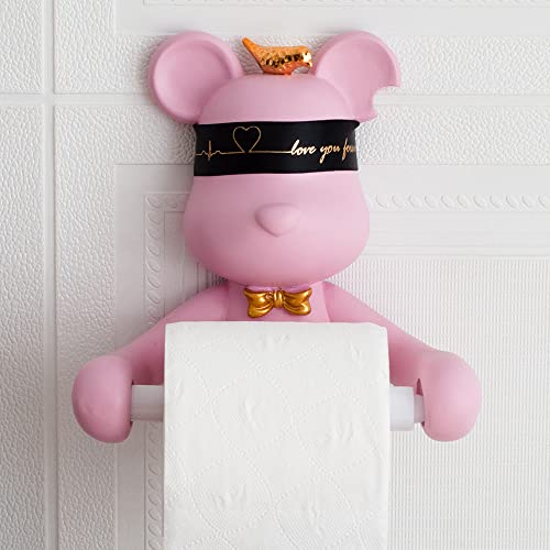 Hanbosym Toilet Paper Holder For Wall，Ninjia Bear Toilet Roll Holder，Decorative Toilte Roll Hanger for Bedroom (Pink)