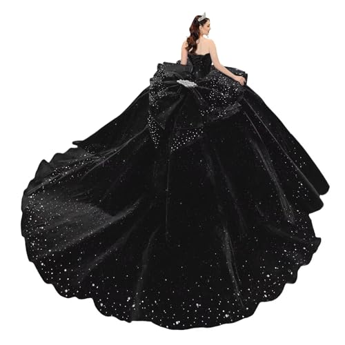 XYAYE Sparkly Velvet Quinceanera Dresses with Bow Strapless Crystal Sweet 16 Dress Puffy Layered Ball Gown