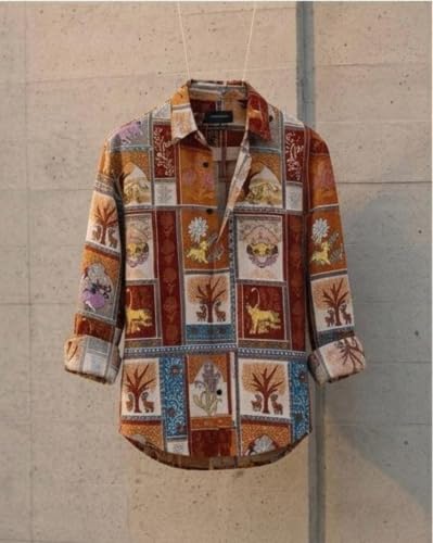 Image of Mens Cotton Cat Printed Shirt Collar Neck Full Sleeves Casual Shirt Regular Fit Button Down Shirt
