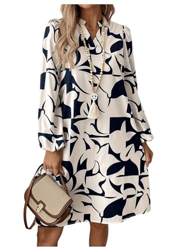 SweatyRocks Women's Geometric Pattern Printed V Neck Dress Collar Lantern Long Sleeve Casual Dresses3