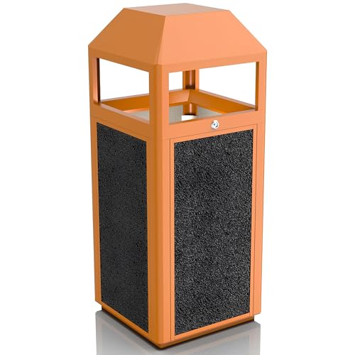 Image of Outdoor Trash Can with Lid, 51L /13.5 Gal-Lockable Commercial Trash Can with Nature Stone Panels, Heavy-Duty Rustproof Metal Garbage Can with Removable Liner for Parks & Public Spaces (Brown, ash)